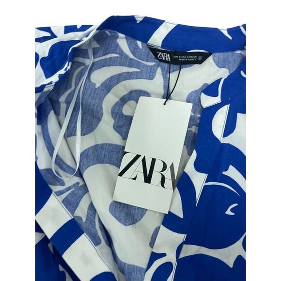 Zara Women Tile Dress S Blue White Sicilian Button Up Linen Viscose Blend NWD - Picture 5 of 9
